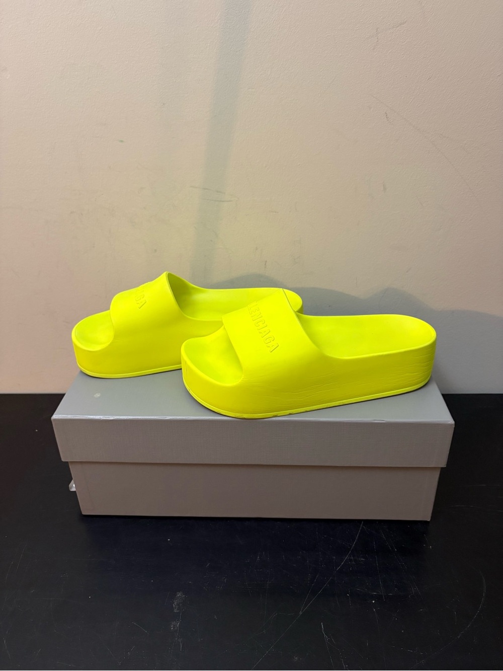 Balenciaga Logo Rubber Platform Slide Sandals Neon Green